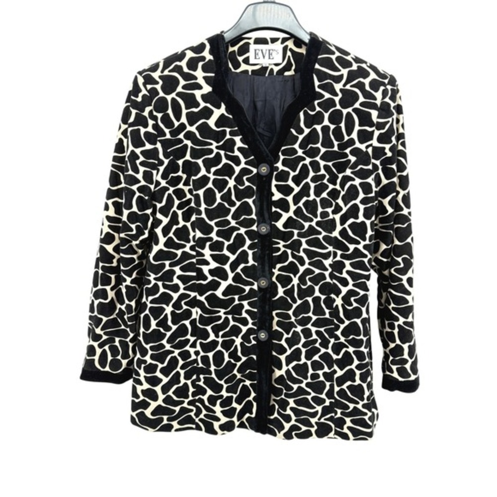 EVEs Womens 16 Pre-Owned Black Cream Giraffe‎ Print Velvet Trim Blazer Jacket